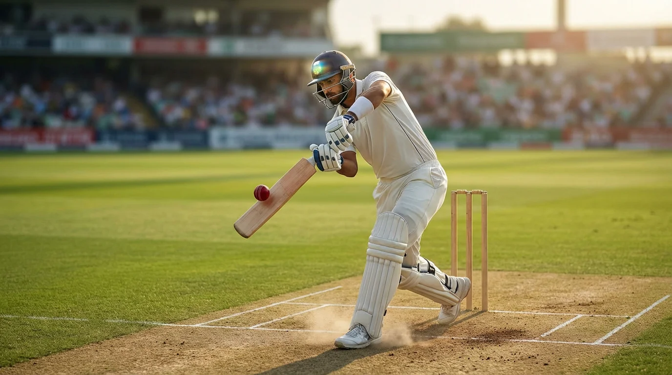 Cricket batsman playing a powerful shot in a sunlit stadium