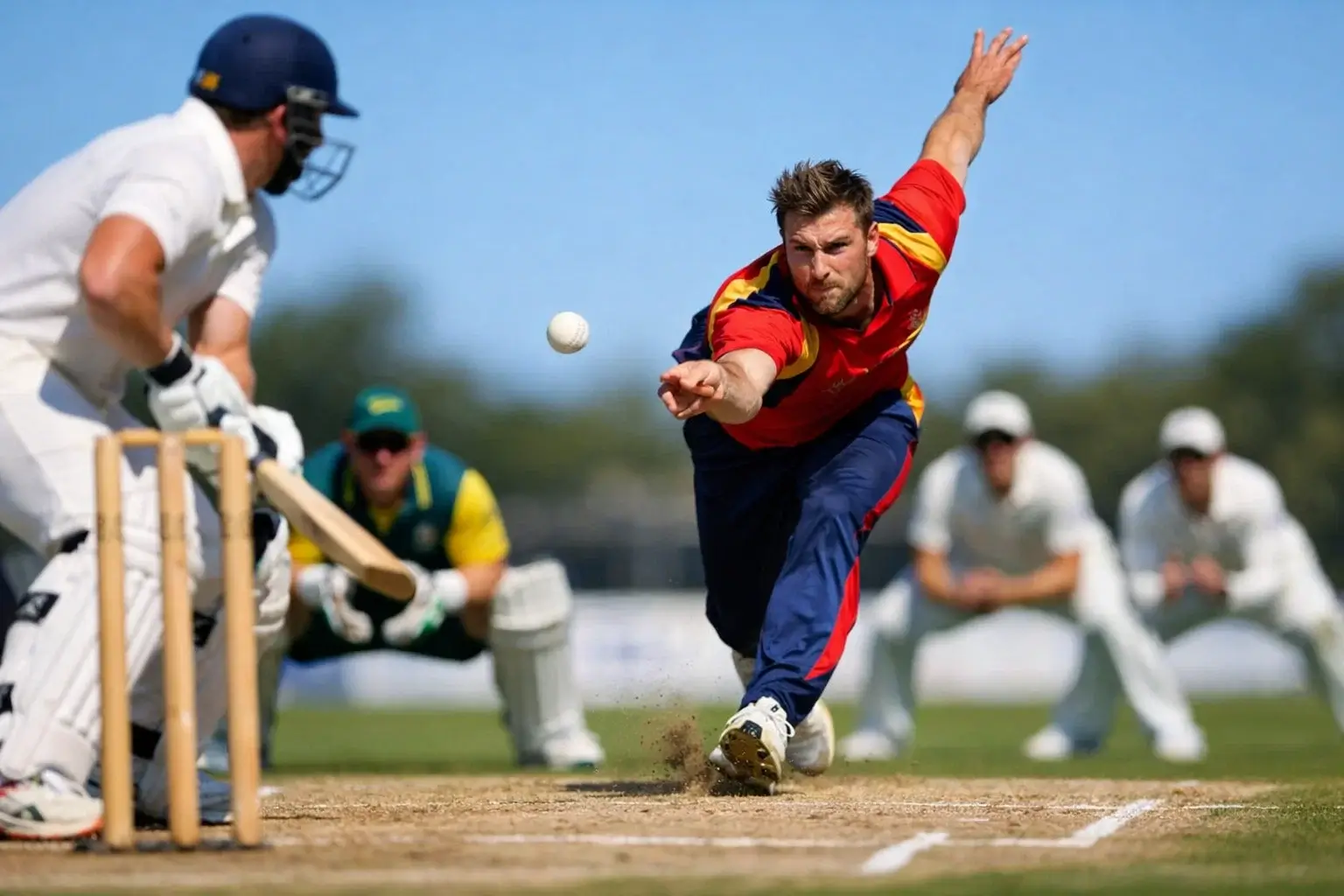 Cricket field with bowler delivering ball to batsman surrounded by fielders in catching positions