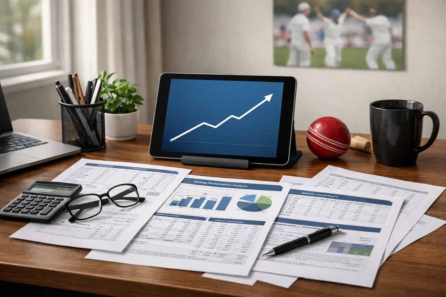 Cricket analyst studying match footage with notes and performance charts on desk