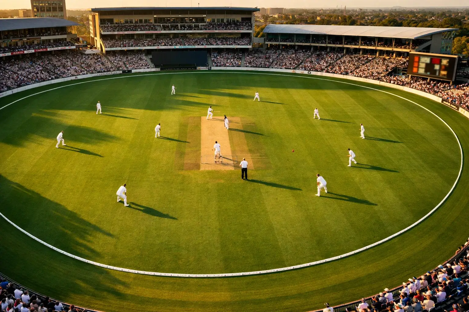 Cricket stadium showing different match formats with scoreboard displaying live odds
