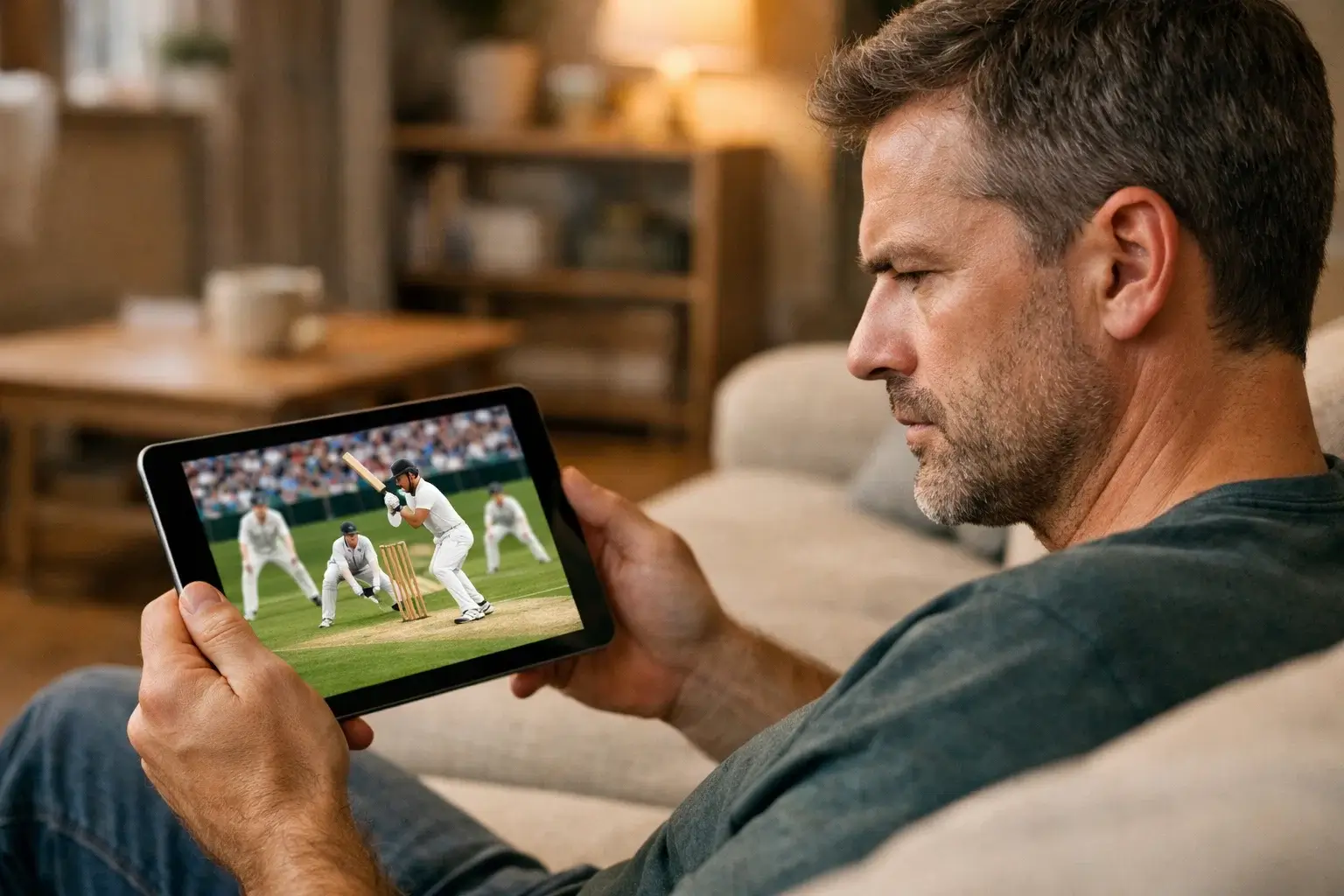 Focused cricket fan watching match intently on tablet device
