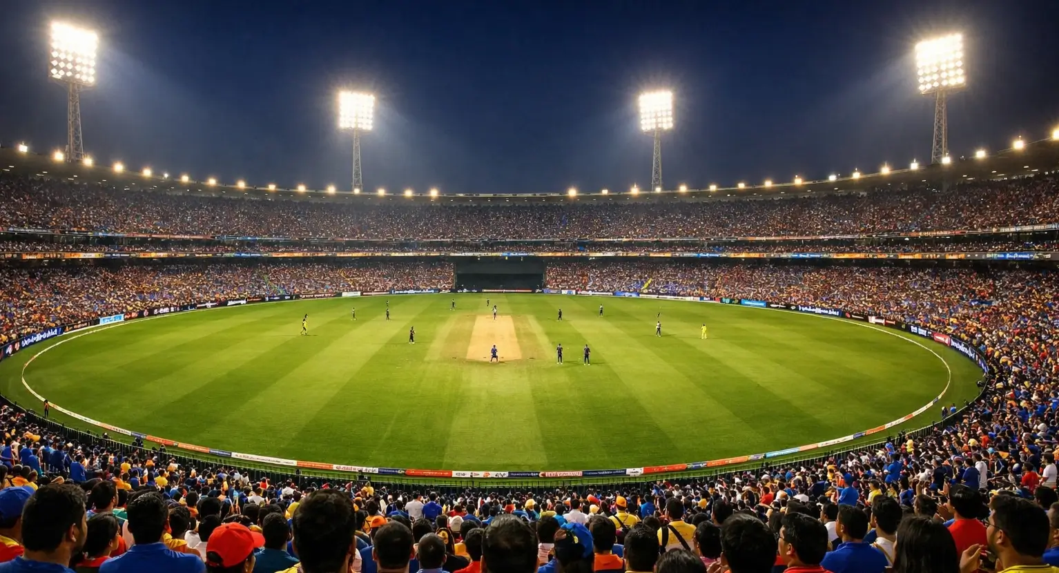 Cricket stadium during IPL night match with floodlights illuminating the pitch