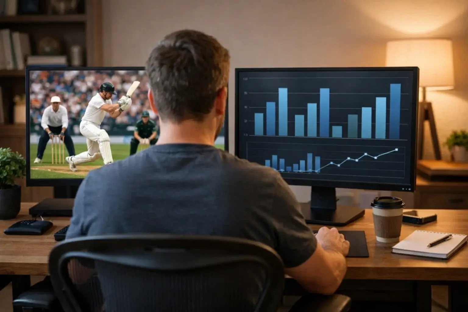 Person analyzing cricket match on multiple screens showing live statistics