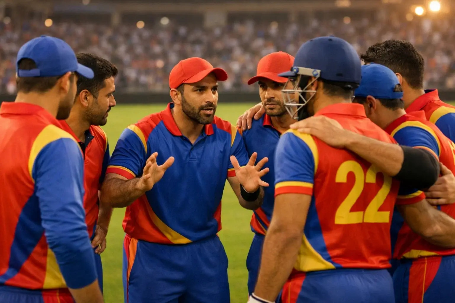 IPL cricket team in huddle discussing strategy on the field