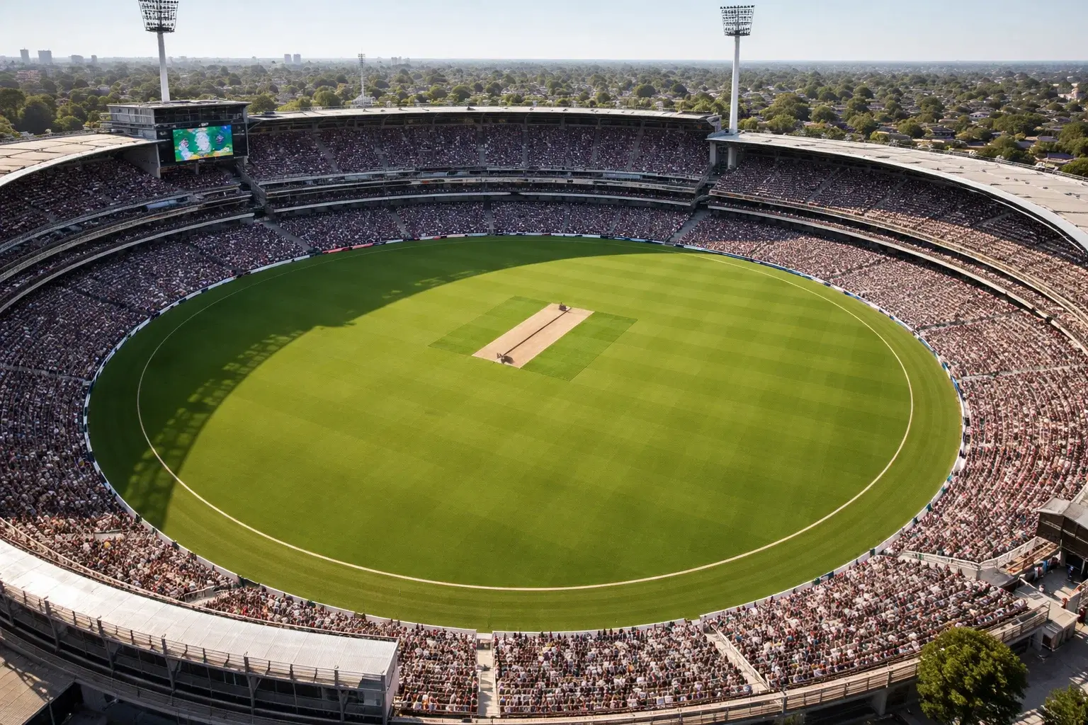 Aerial view of iconic IPL cricket stadium showing oval pitch and packed stands
