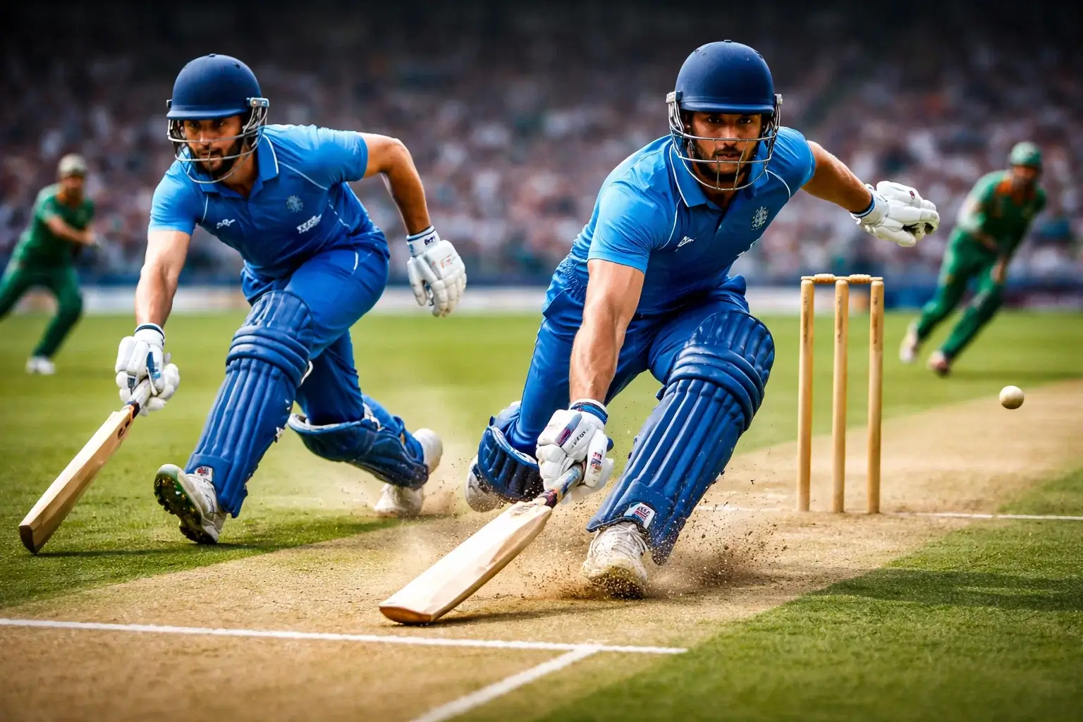 Cricket batsman running between wickets to score runs