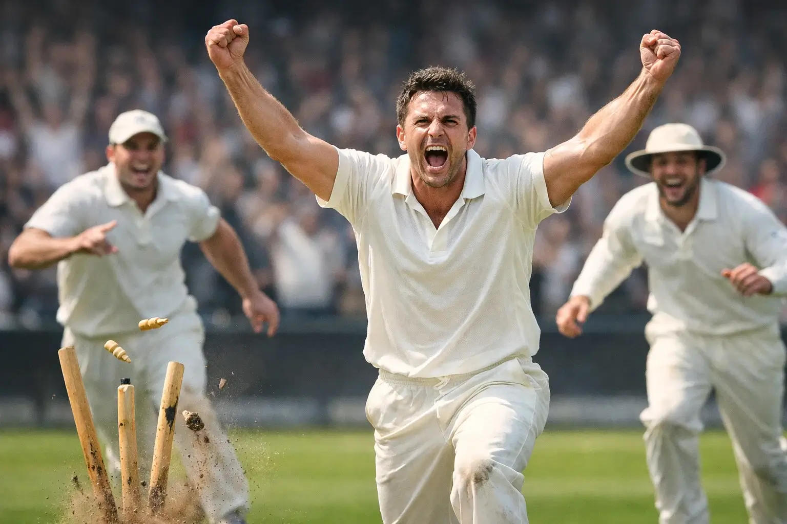 Cricket bowler celebrating taking a wicket with teammates