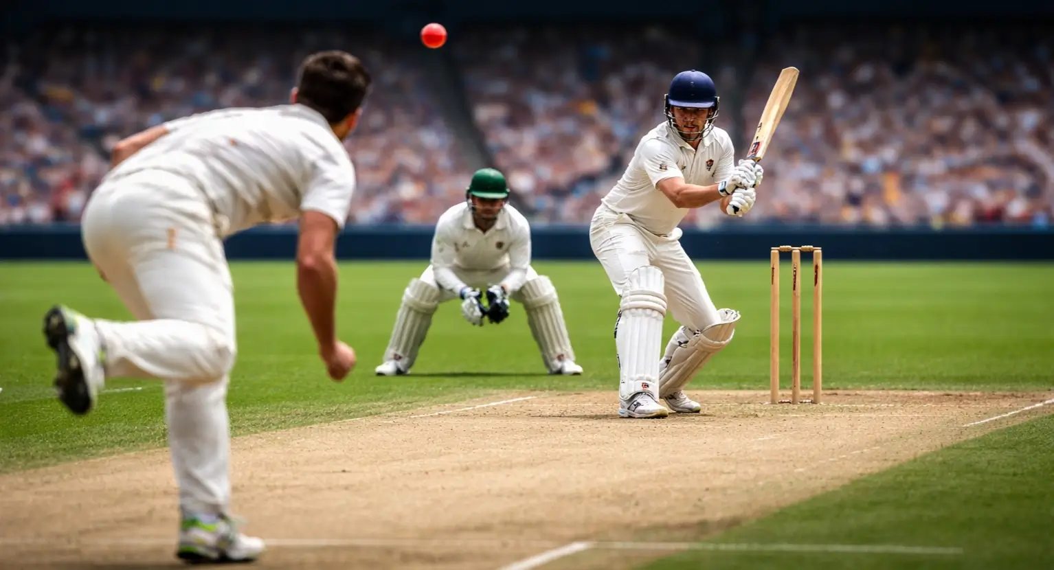 Professional cricket match in progress with batsman and bowler at the crease
