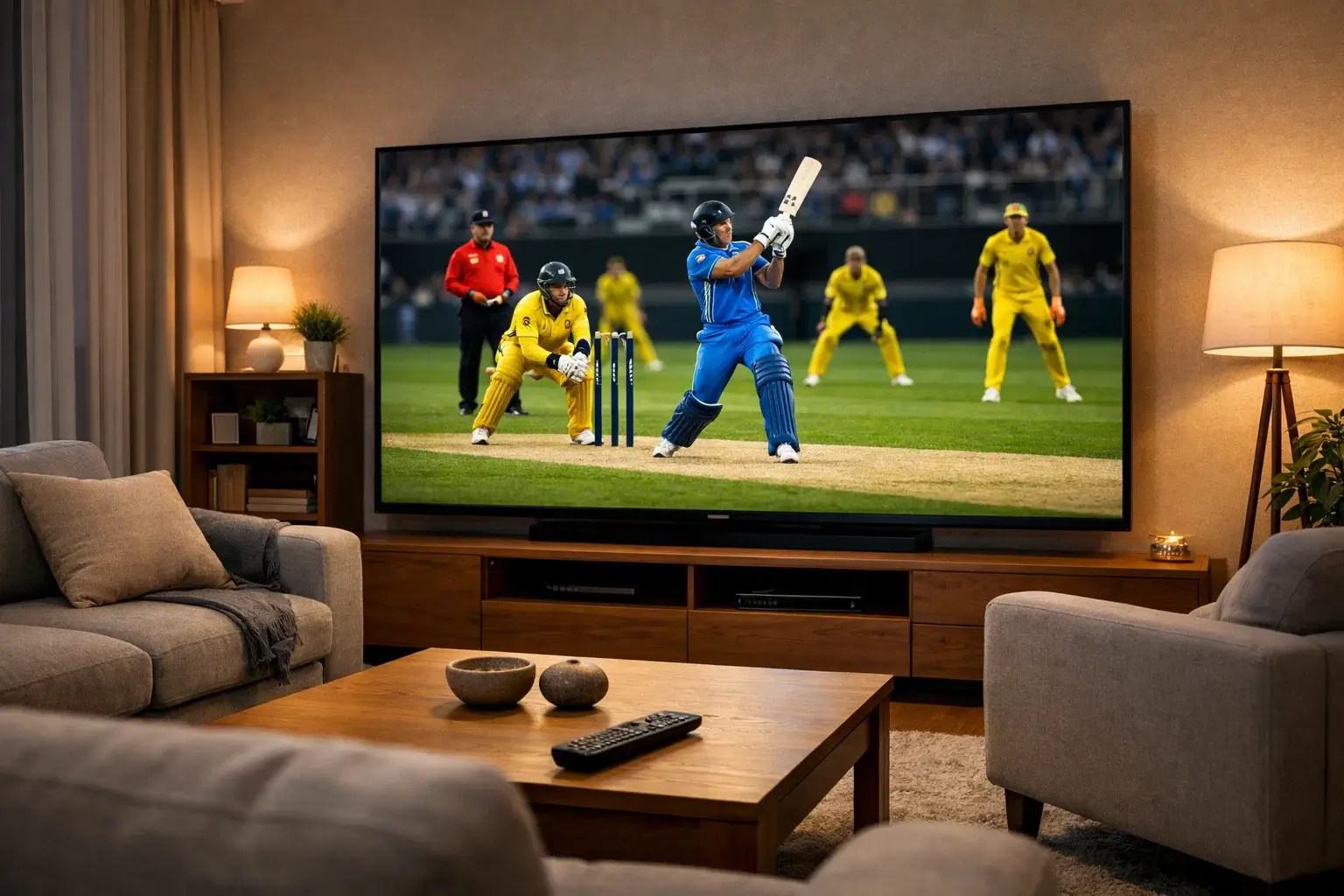 Modern sports viewing setup with live cricket match on large screen