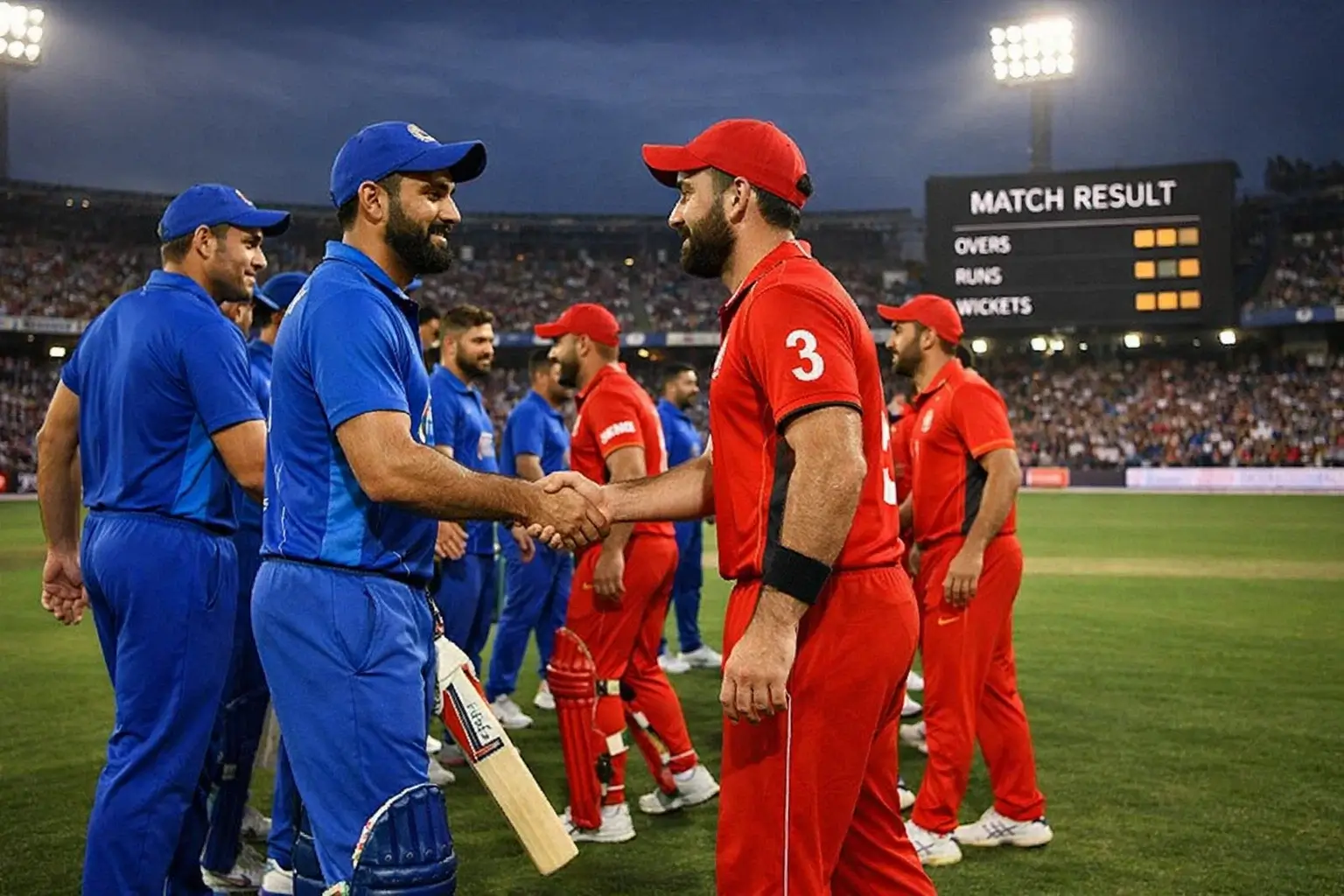 Cricket teams shaking hands after match with scoreboard visible