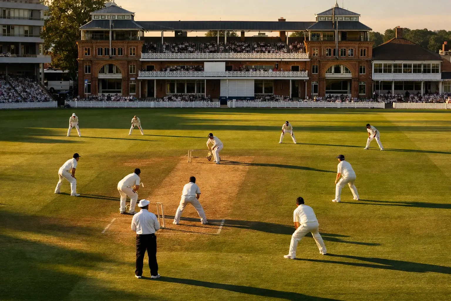 Test cricket match during afternoon session with long shadows on pitch