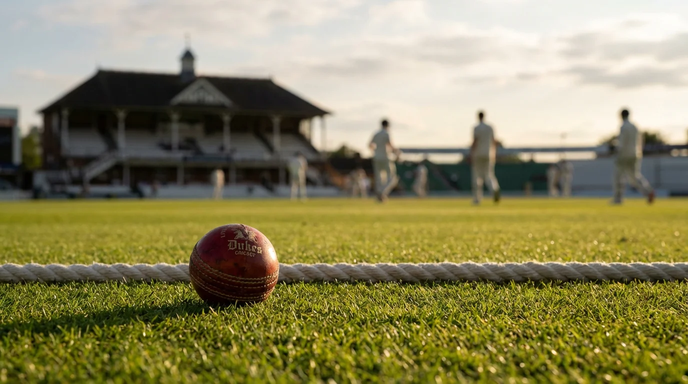 Cricket ball resting on green grass near white boundary rope at a sunlit Test cricket ground