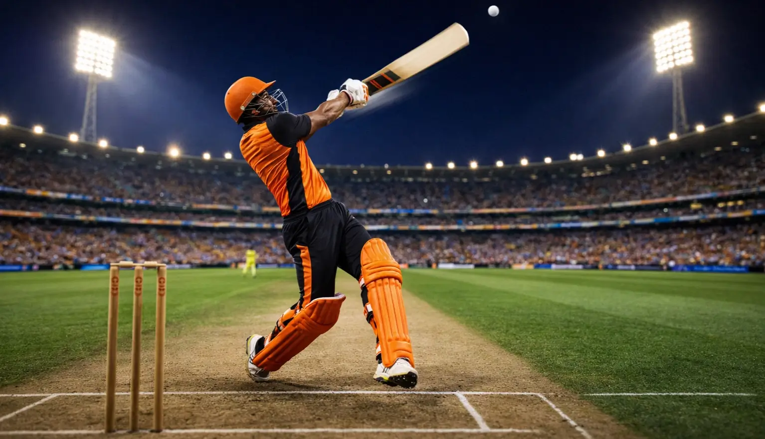 Explosive T20 cricket action with batsman hitting a six under floodlights