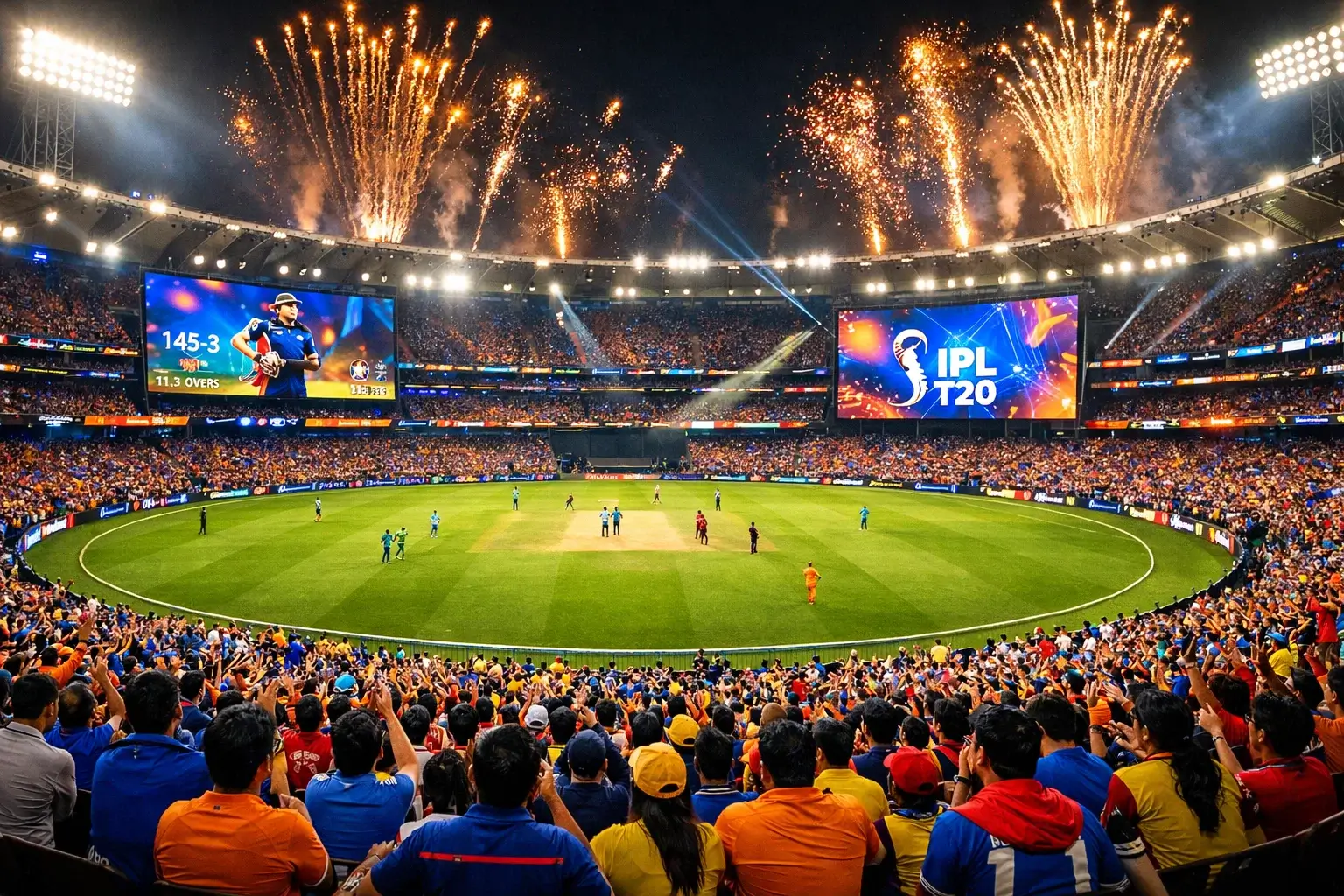Packed IPL stadium during evening match with colorful crowd