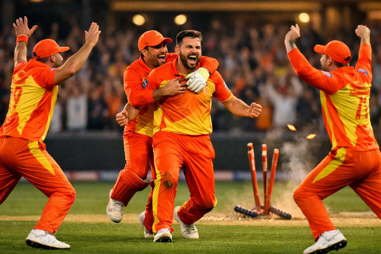 Cricket team celebrating a wicket with players running together