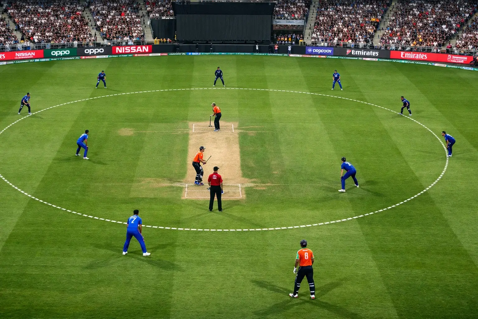Cricket field setup during PowerPlay with fielders in attacking positions