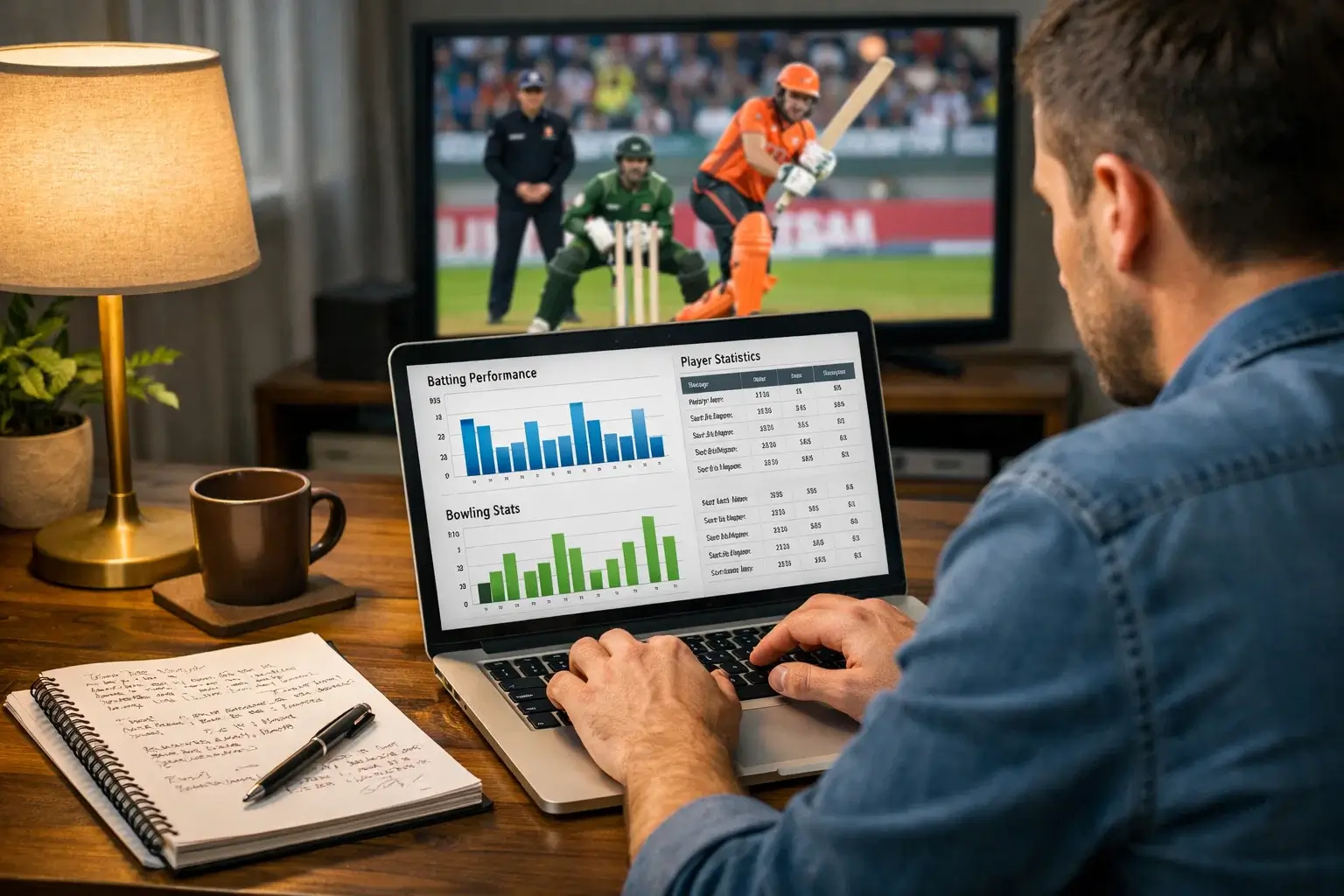 Person studying cricket statistics on laptop with match playing on TV