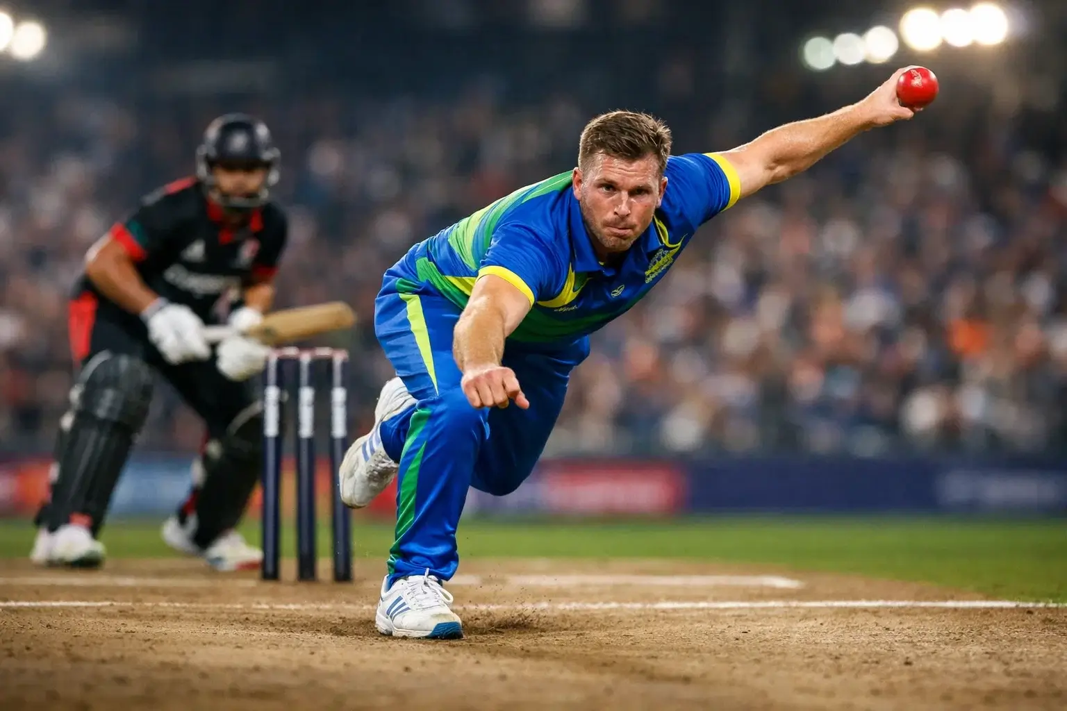 Fast bowler delivering at high pace during T20 match