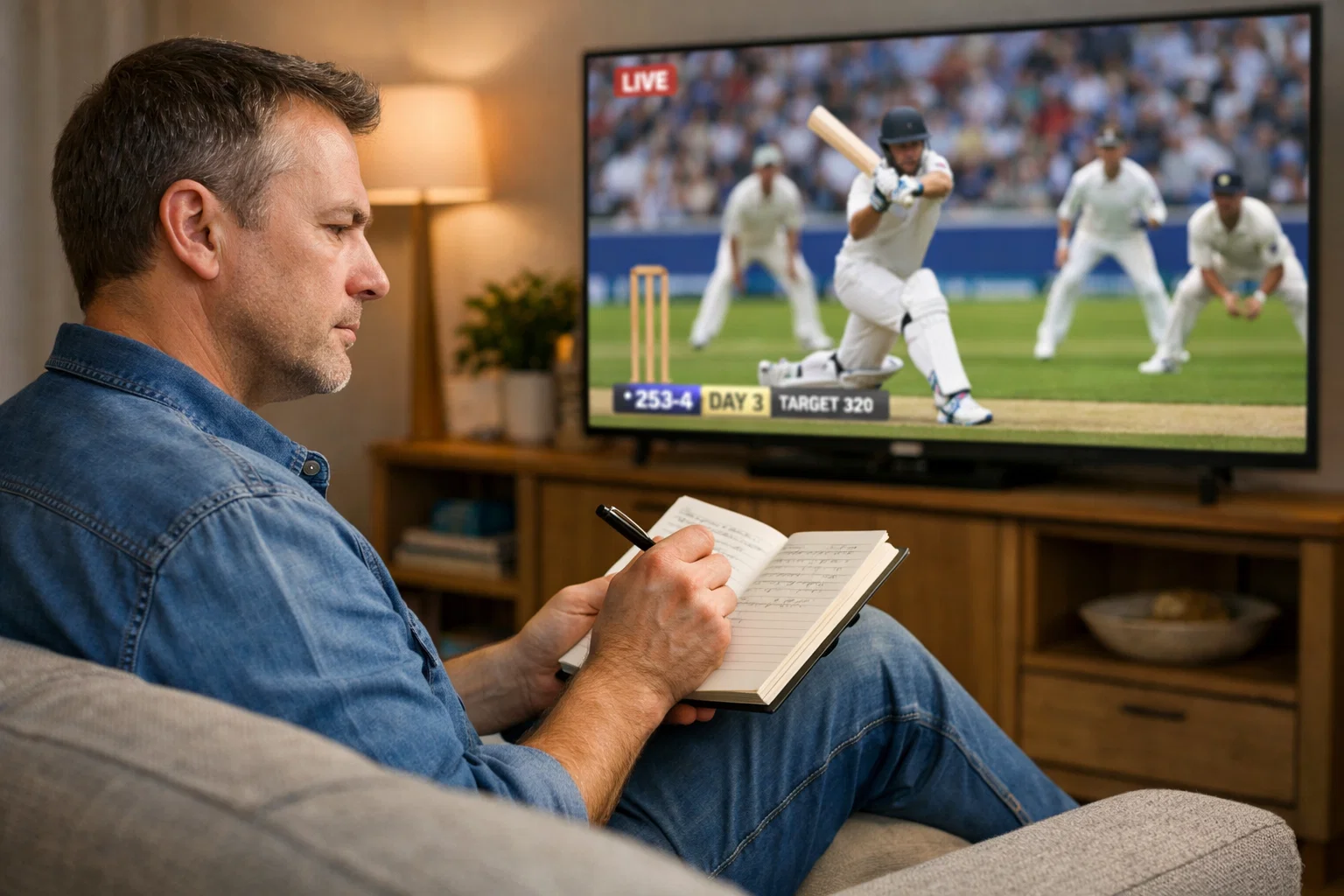 Person taking notes while watching cricket on television
