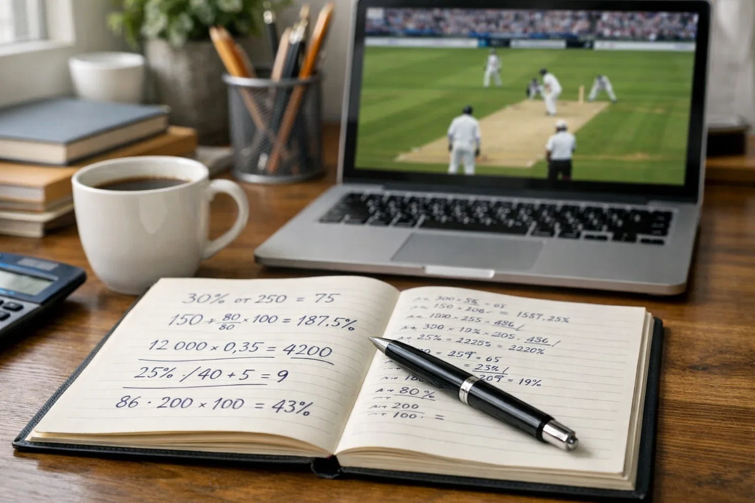 Notepad with cricket calculations beside laptop showing match