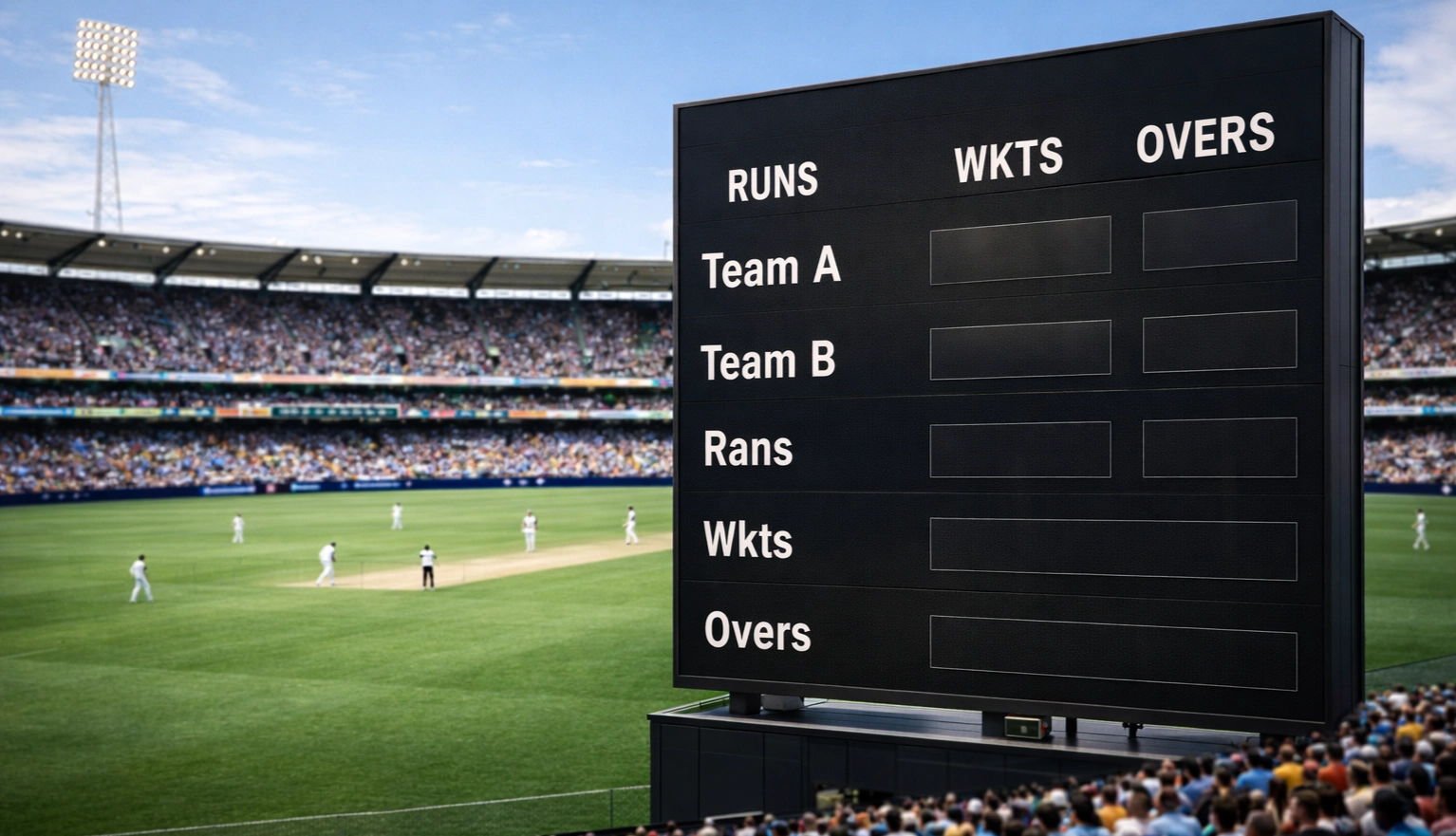 Cricket match in progress with scoreboard displaying match statistics