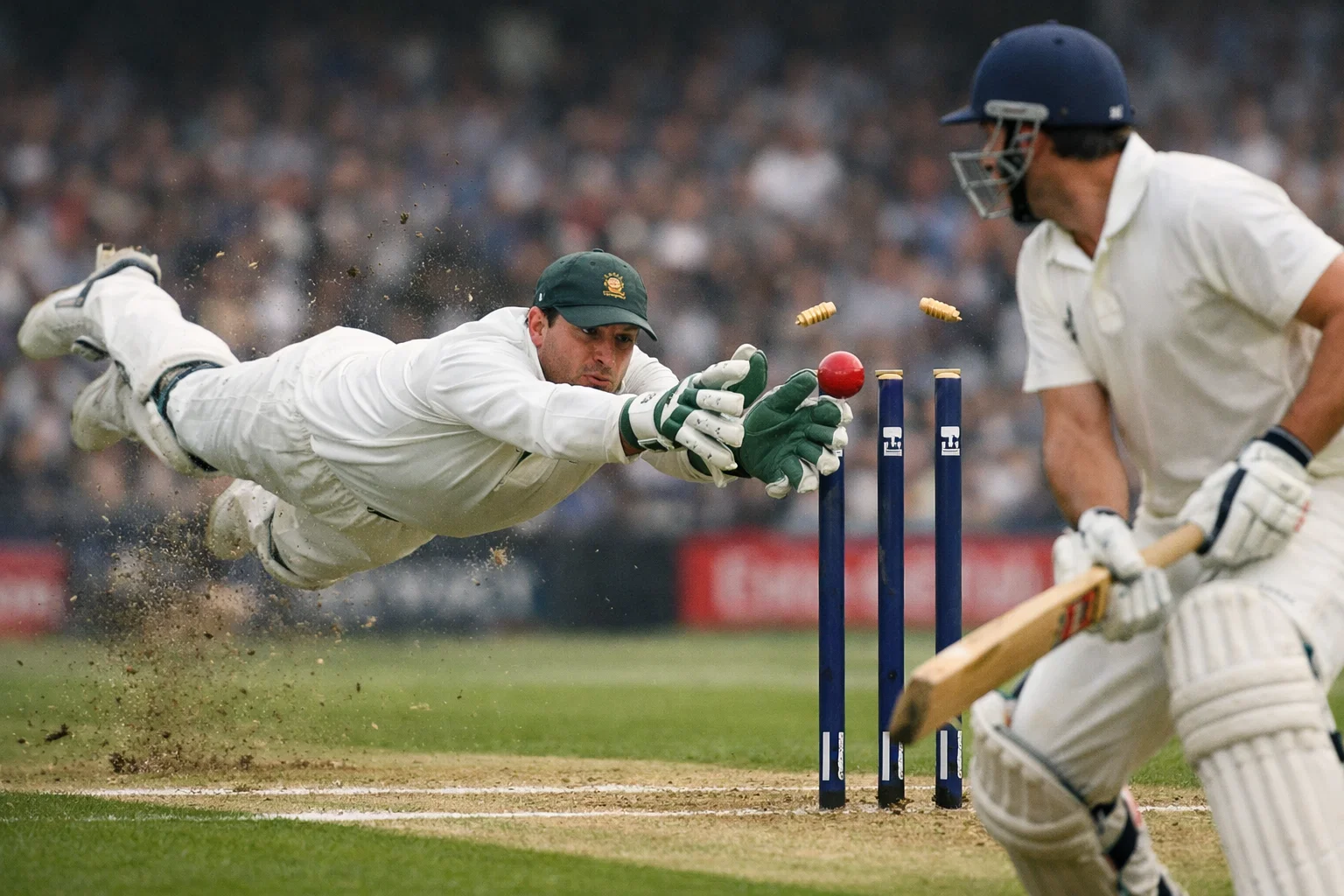 Cricket wicketkeeper diving to make a catch during live match