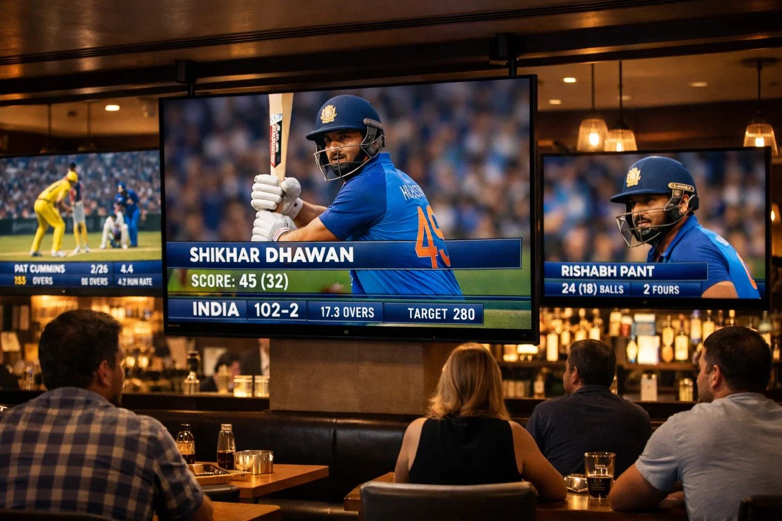 Multiple screens showing live cricket match with statistics overlay