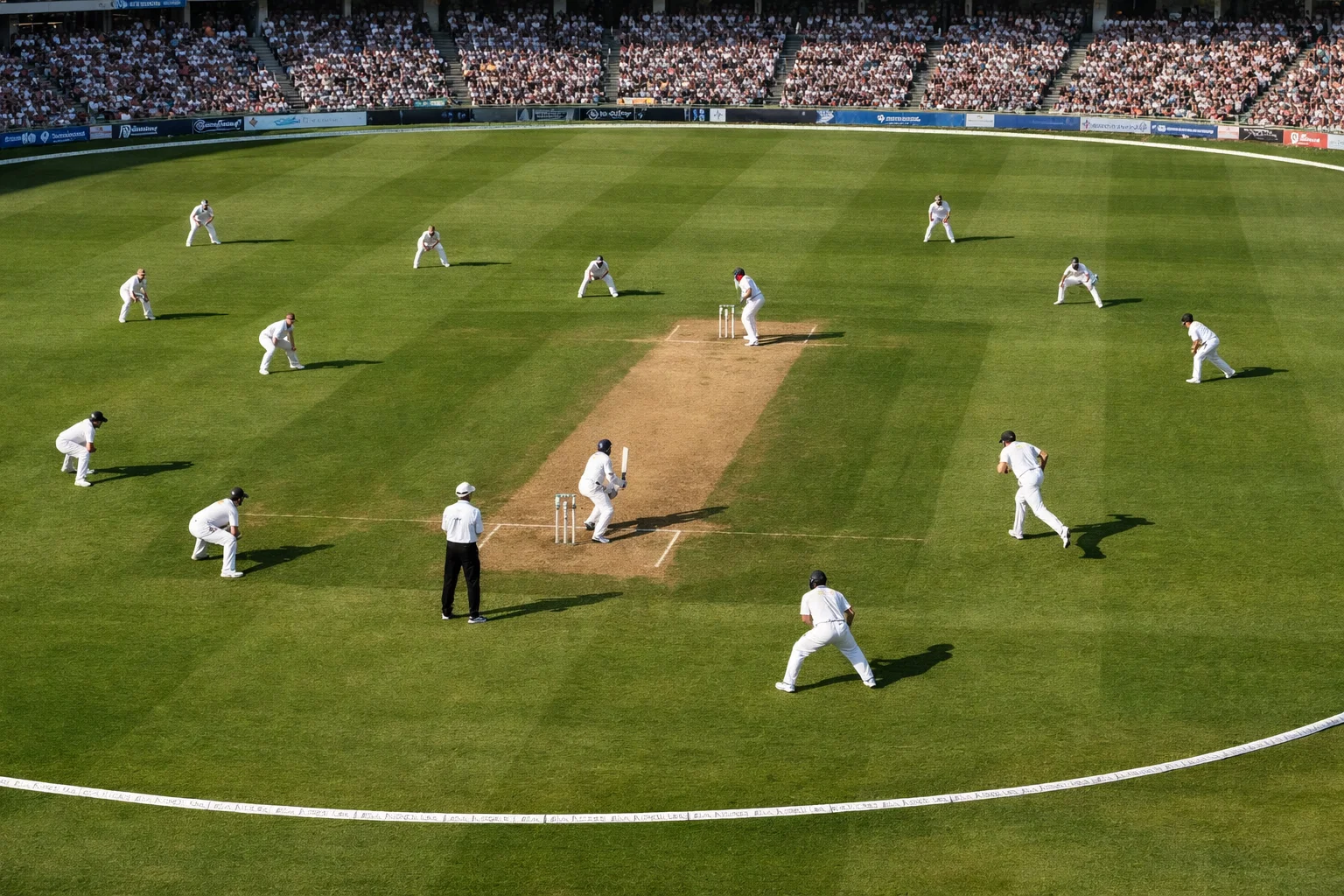 Cricket match wide shot showing full field with players positioned