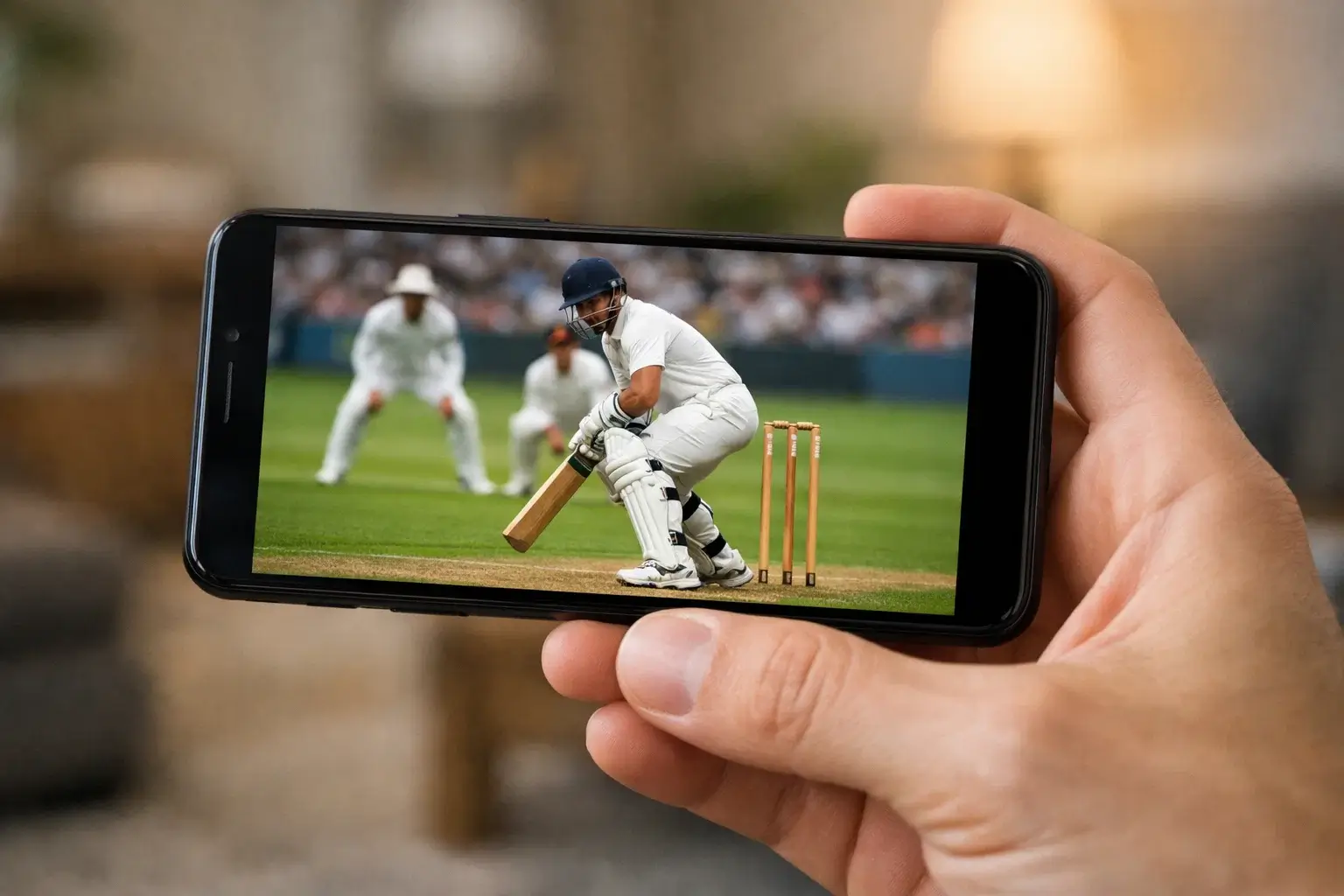 Smartphone showing live cricket stream with match in progress
