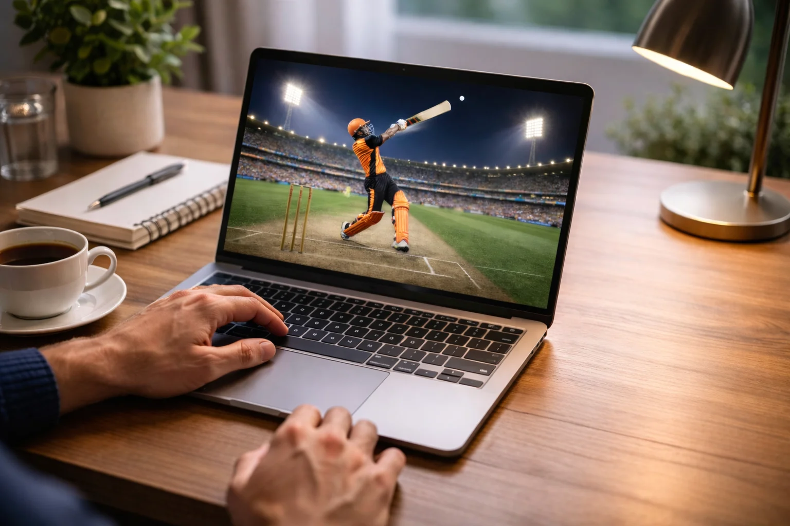 Person using laptop and smartphone for live cricket viewing and analysis