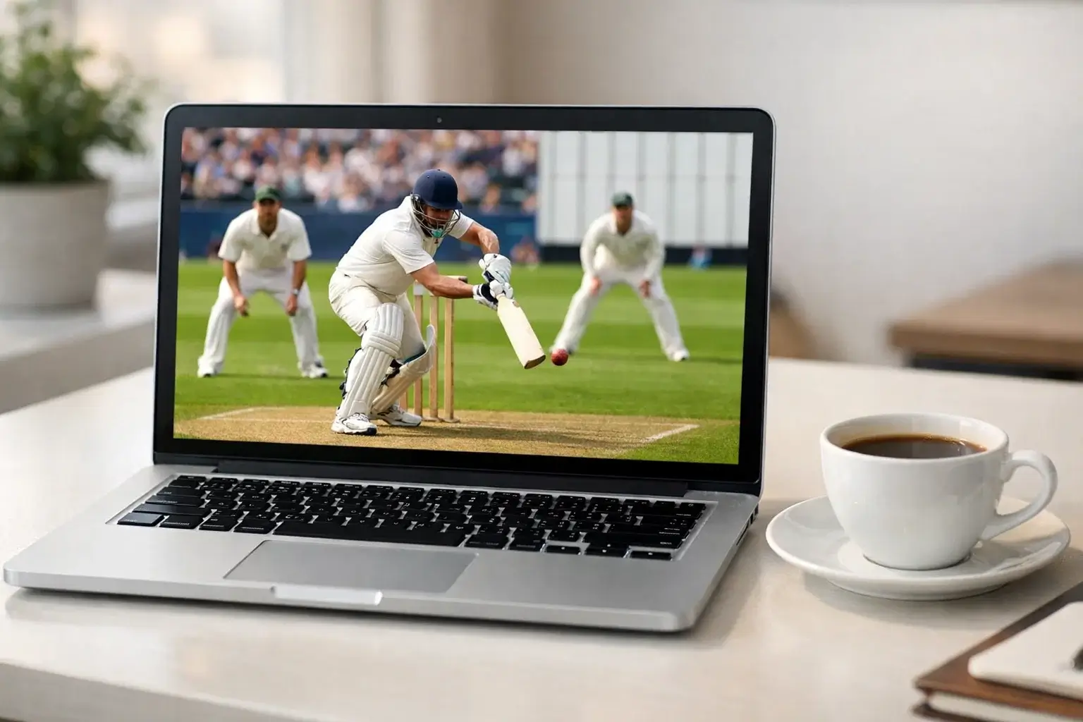 Modern laptop displaying cricket match with clear interface on screen