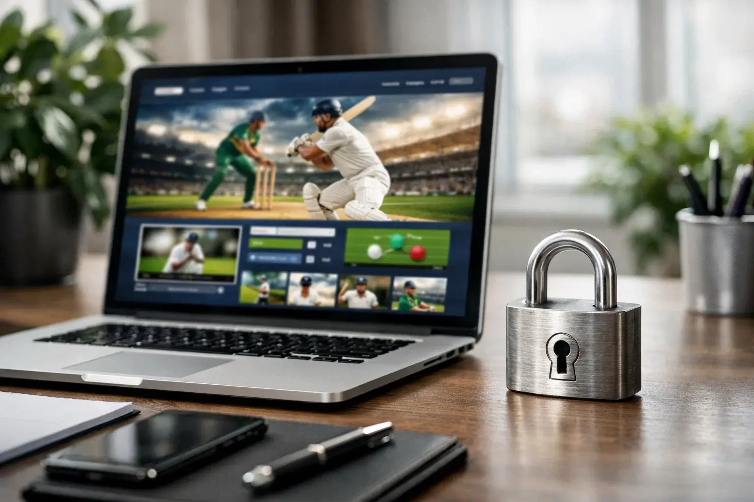 Secure laptop setup with padlock symbol representing online security