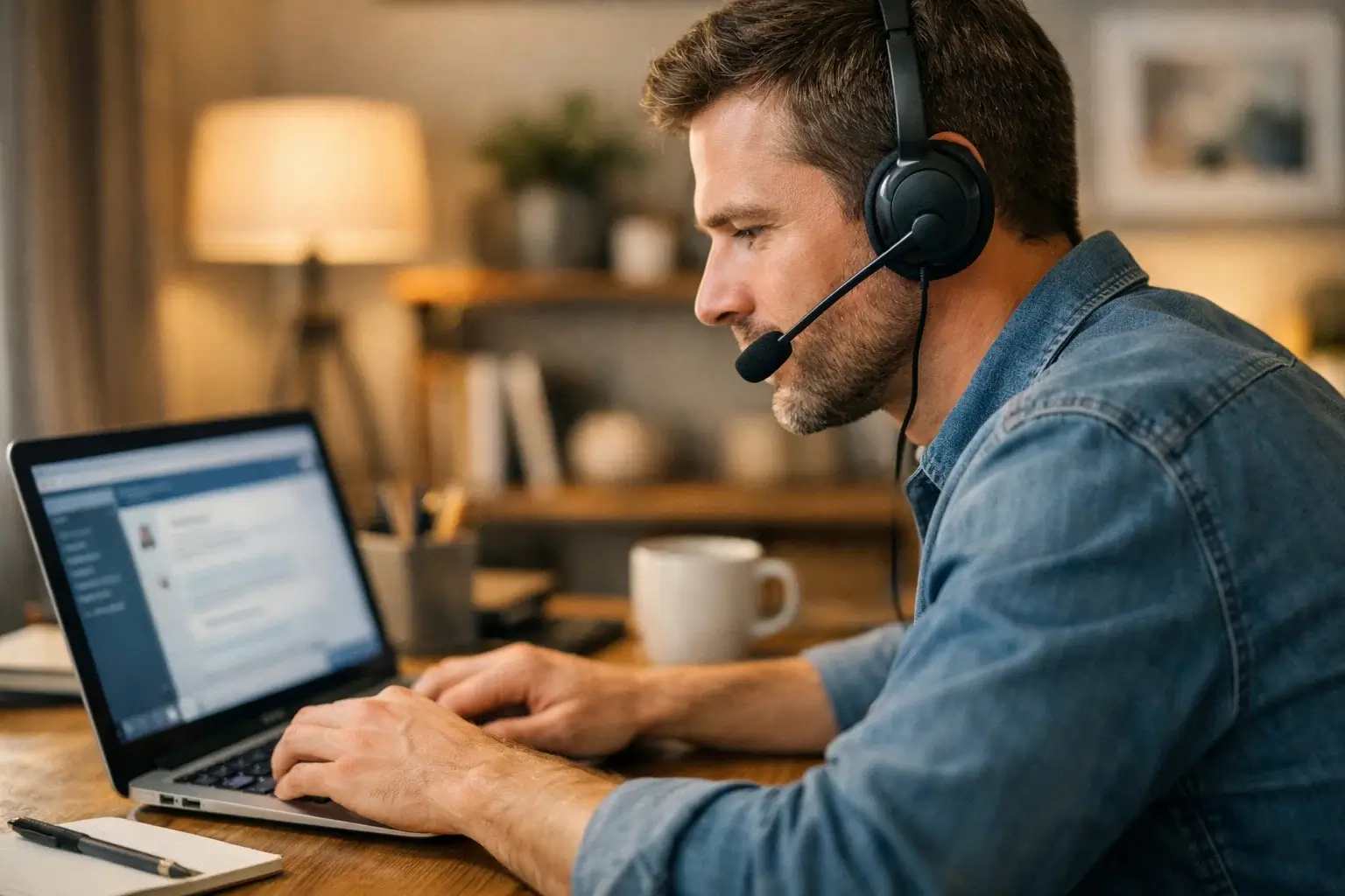 Person using laptop with headset for customer support communication