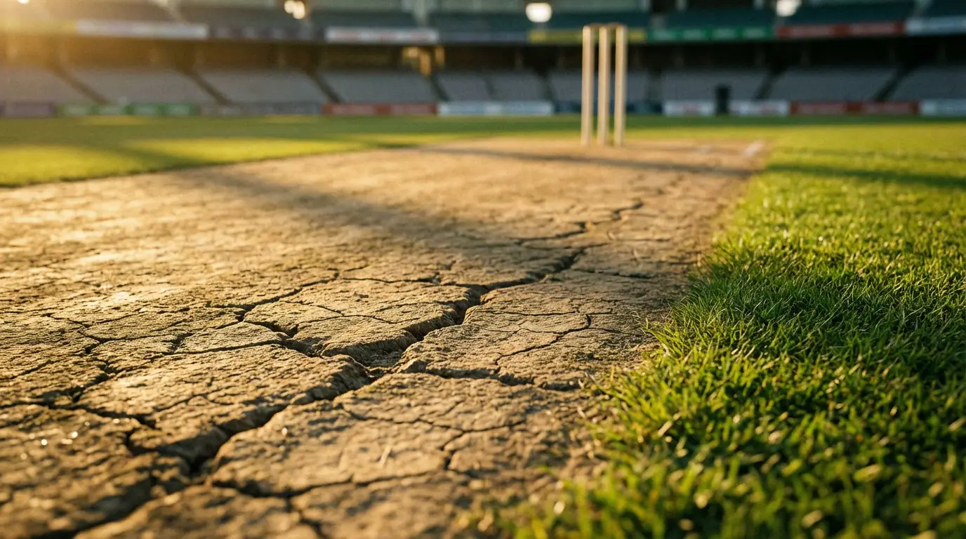 Close-up of a cricket pitch surface with visible grass and cracks under sunlight