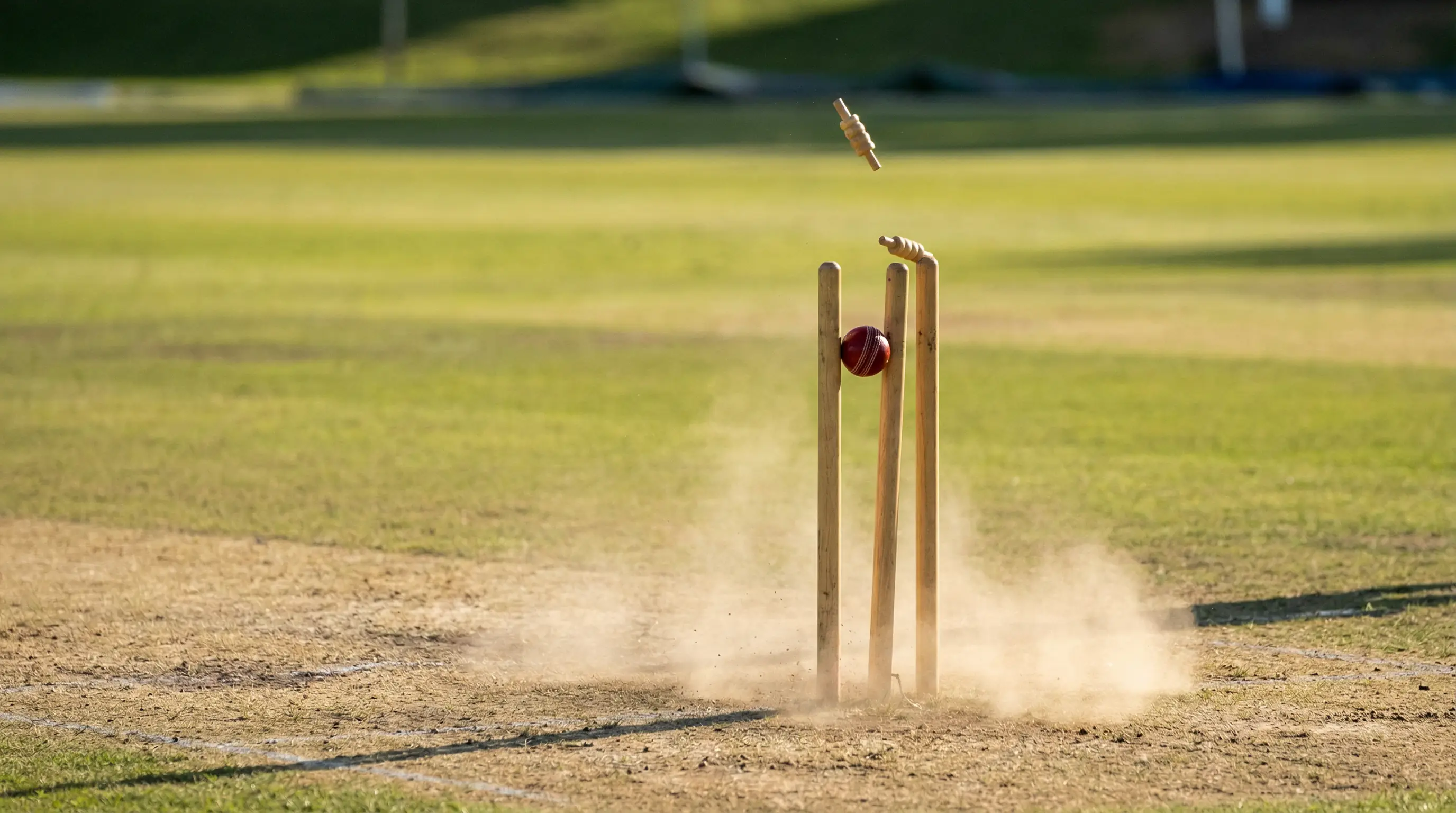 A cricket bowler celebrating a wicket with stumps broken on the pitch