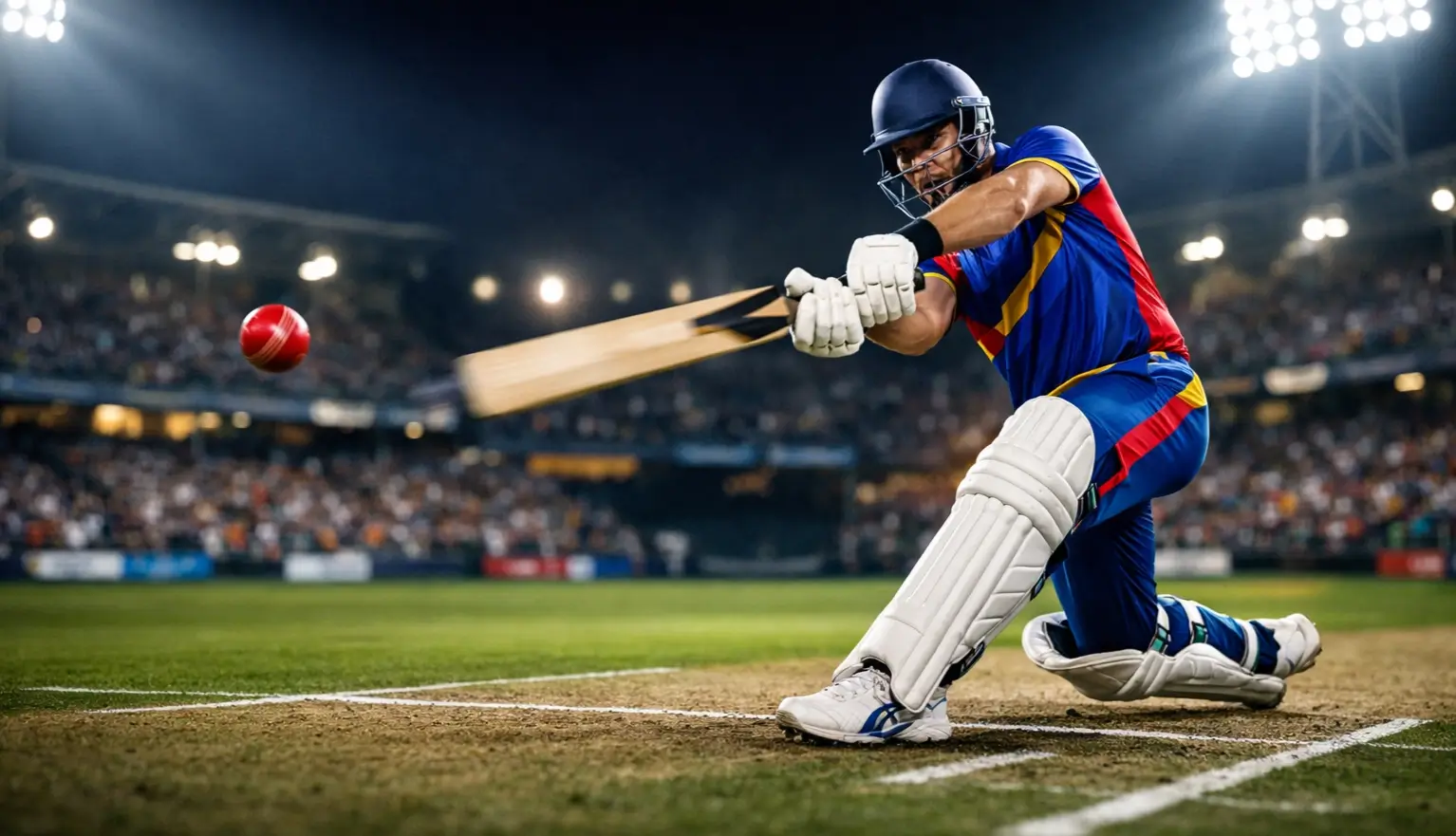 Cricket batsman playing a powerful shot under stadium floodlights during a T20 match