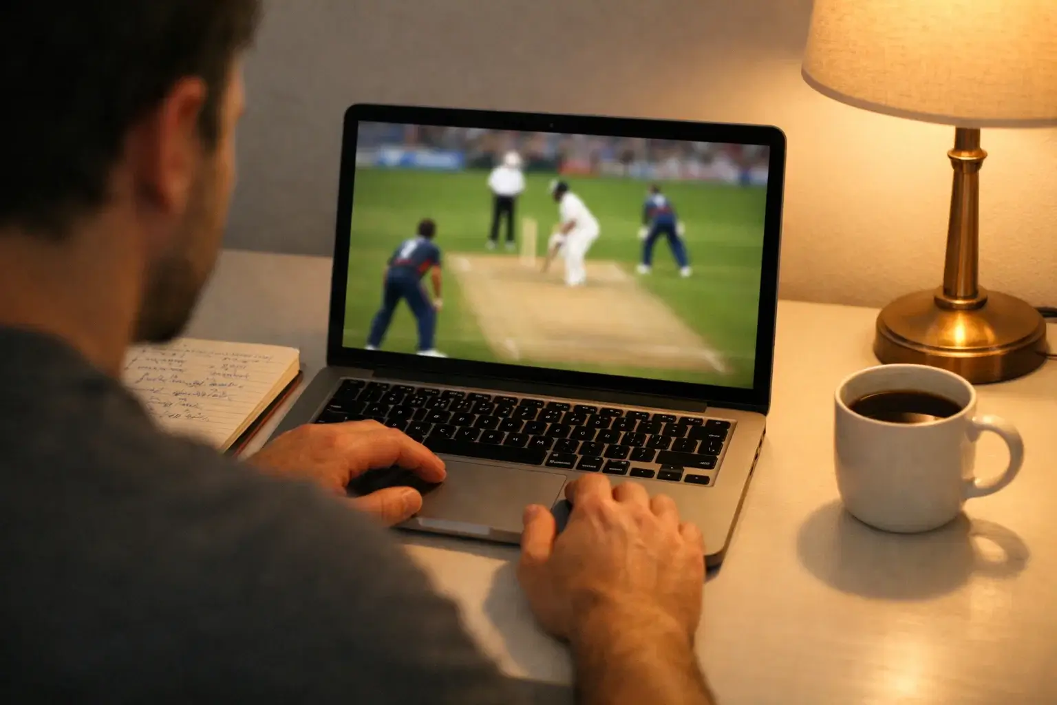 Person watching cricket match on laptop analyzing statistics and match data