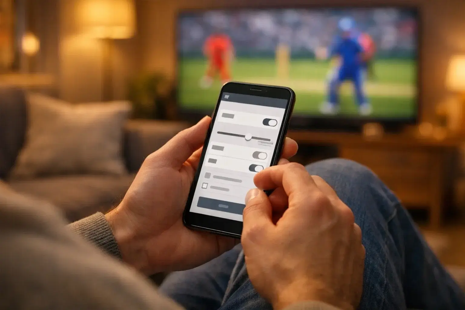 Person setting betting limits on mobile device while watching cricket match on television