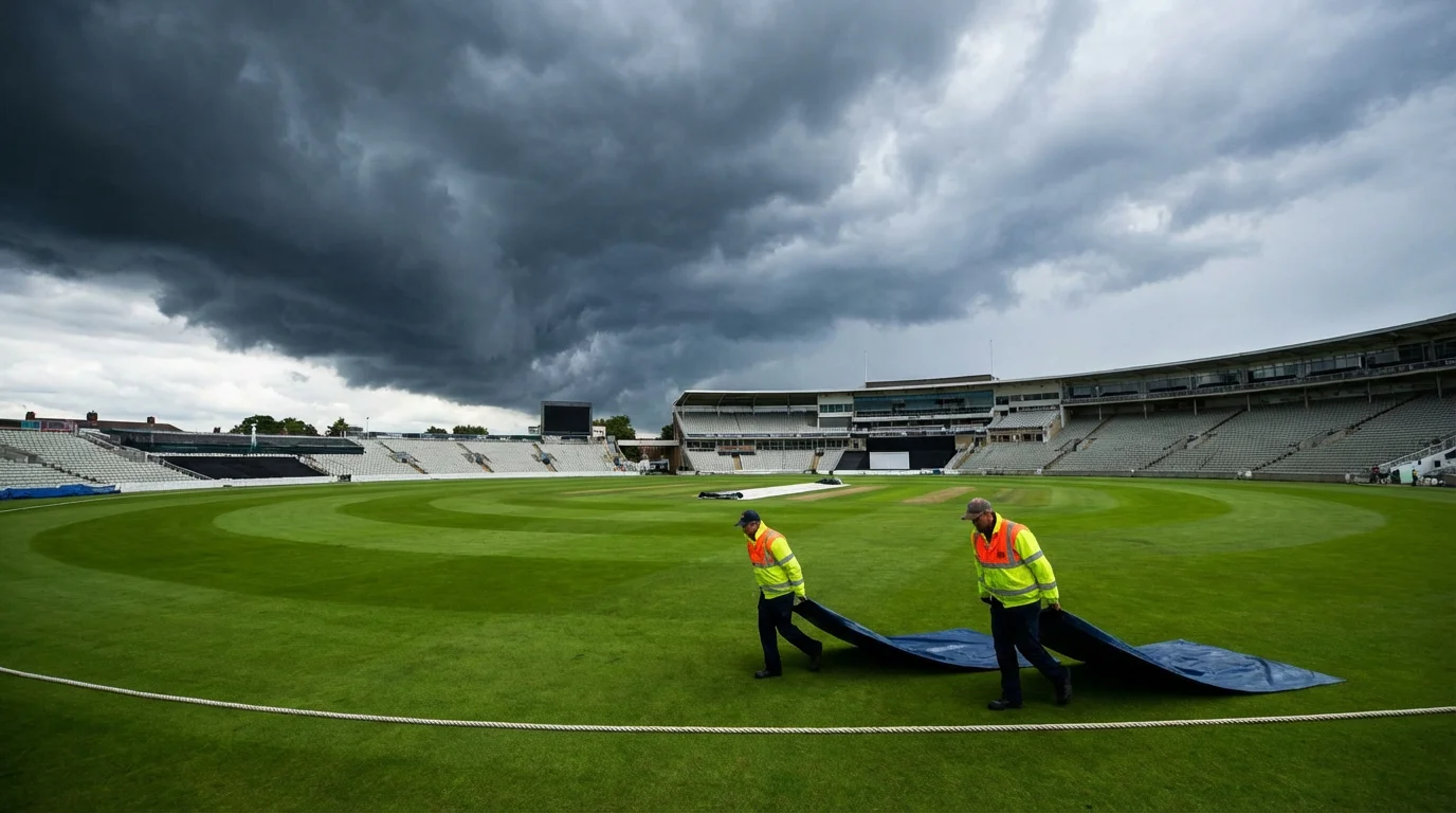 Dark overcast clouds gathering above a professional cricket ground with covers being brought onto the pitch before a rain delay